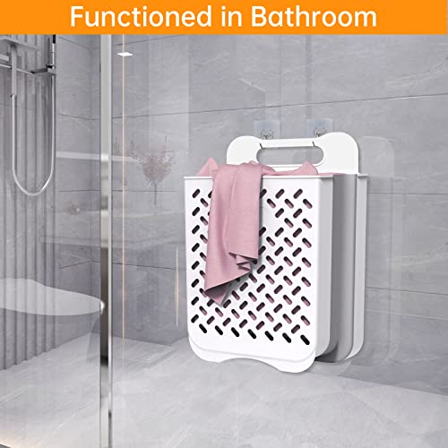 Mbillion Wall Mounted Collapsible Laundry Hamper Hanging Folding Laundry Basket Space-Saving Plastic Dirty Clothes Organizer with Carry Handle 42L