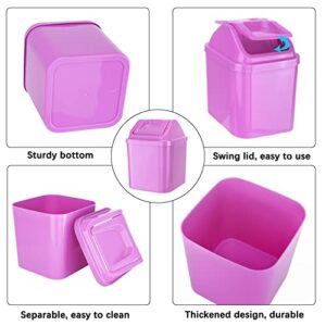 QLFJ-FurDec 2 Pcs Plastic Mini Wastebasket Trash Can with Swing Lid with 4 Rolls of Trash Bags, Tiny Desktop Waste Garbage Bin for Home, Office, Kitchen, Vanity Tabletop, Bedroom, Bathroom(Blue + Purple)