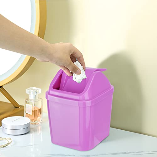 QLFJ-FurDec 2 Pcs Plastic Mini Wastebasket Trash Can with Swing Lid with 4 Rolls of Trash Bags, Tiny Desktop Waste Garbage Bin for Home, Office, Kitchen, Vanity Tabletop, Bedroom, Bathroom(Blue + Purple)