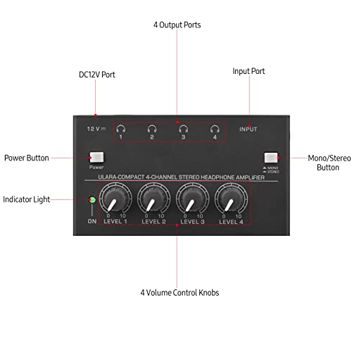 Btuty Ultra-compact 4-channel Stereo Headphone Amplifier Upgraded Mini Audio Amp with Mono & Stereo Switch Power Adapter Professional Mono/Stereo Audio Amp