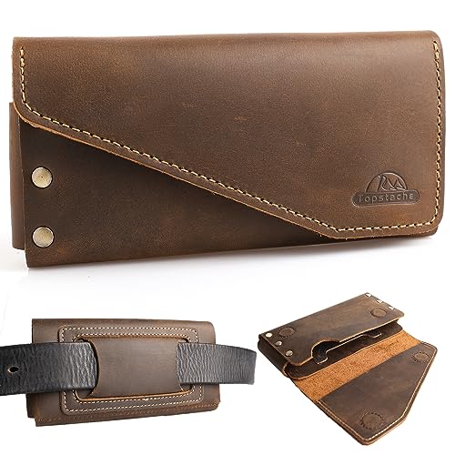 Topstache Leather Phone Holster with Belt Loop, Magnetic Closure Cell Phone Pouch Card Holder Wallet, Handmade Leather Phone holder for iPhone 14 Pro Max,(Fits Phone with Otterbox Case on)XL,Darkbrown