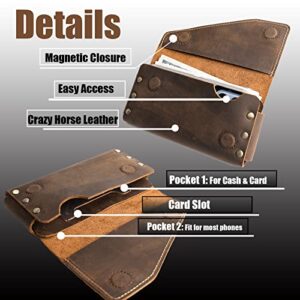 Topstache Leather Phone Holster with Belt Loop, Magnetic Closure Cell Phone Pouch Card Holder Wallet, Handmade Leather Phone holder for iPhone 14 Pro Max,(Fits Phone with Otterbox Case on)XL,Darkbrown