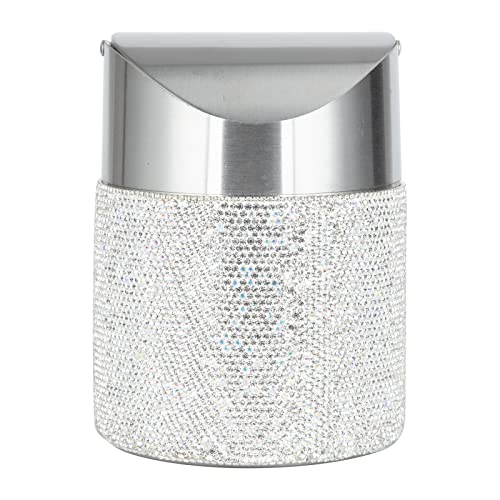 KEYPOWER Bling Rhinestone Mini Trash Can Tiny Waste Can with Swing Lid Stainless Steel,Suitable for Countertop,Car,Table Desk(White)