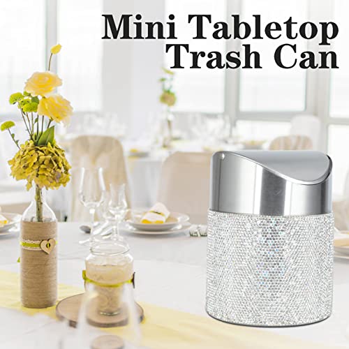 KEYPOWER Bling Rhinestone Mini Trash Can Tiny Waste Can with Swing Lid Stainless Steel,Suitable for Countertop,Car,Table Desk(White)