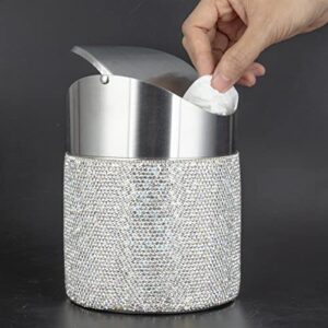 KEYPOWER Bling Rhinestone Mini Trash Can Tiny Waste Can with Swing Lid Stainless Steel,Suitable for Countertop,Car,Table Desk(White)