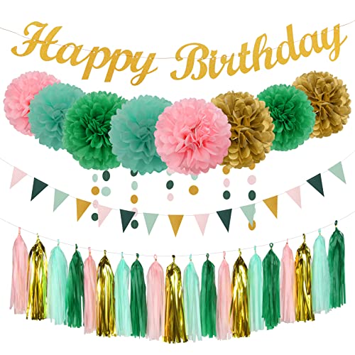 Sage-Green Pink Mint Gold Birthday Decorations - 31pcs Party Kits Happy Birthday Banner Flags,Tissue Paper Pom Poms,Circle Dots Garland,Tassel Streamers,40th 50th Women Men Birthday Decor Panduola