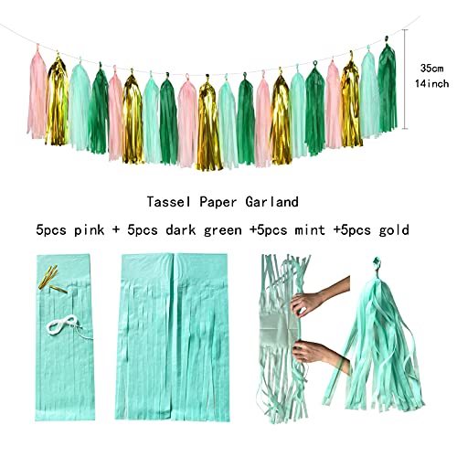 Sage-Green Pink Mint Gold Birthday Decorations - 31pcs Party Kits Happy Birthday Banner Flags,Tissue Paper Pom Poms,Circle Dots Garland,Tassel Streamers,40th 50th Women Men Birthday Decor Panduola