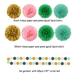 Sage-Green Pink Mint Gold Birthday Decorations - 31pcs Party Kits Happy Birthday Banner Flags,Tissue Paper Pom Poms,Circle Dots Garland,Tassel Streamers,40th 50th Women Men Birthday Decor Panduola