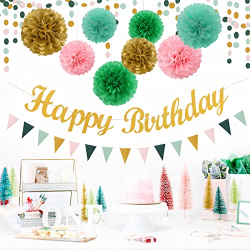 Sage-Green Pink Mint Gold Birthday Decorations - 31pcs Party Kits Happy Birthday Banner Flags,Tissue Paper Pom Poms,Circle Dots Garland,Tassel Streamers,40th 50th Women Men Birthday Decor Panduola