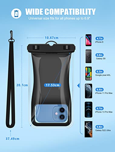 Vuwwey Waterproof Phone Pouch, [Super Buoyant] Floating IPX8 Waterproof Phone Case, [2 Pack] Cellphone Dry Bag with Lanyard Compatible with iPhone 14 13 12 11 Pro Max XS XR X Up to 6.9''-Black