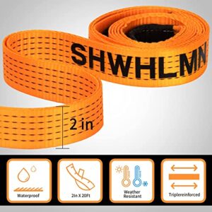 Recovery Tow Strap 2" X 20' LB Tested 20,024lb （10 US Tons ） Break Strength, Use for Emergency 4x4 Towing Rope Heavy Duty, Tree Saver, Winch Extension, Triple Reinforced Loops, Ensure Safety - SHWHLMN