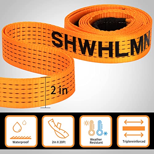 Recovery Tow Strap 2" X 20' LB Tested 20,024lb （10 US Tons ） Break Strength, Use for Emergency 4x4 Towing Rope Heavy Duty, Tree Saver, Winch Extension, Triple Reinforced Loops, Ensure Safety - SHWHLMN