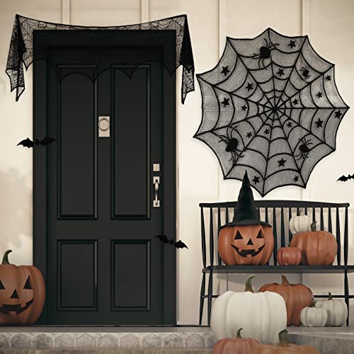 Pleaseedo Halloween Decorations Indoor Sets, Halloween Fireplace Mantel Scarf, Halloween Banner, Halloween Table Runner, Halloween Tablecloth Round Lace, Scary 3D Bat Halloween Decors