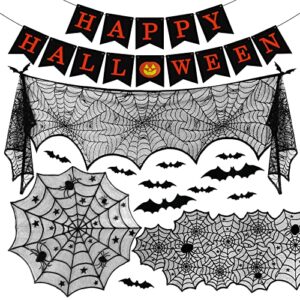 Pleaseedo Halloween Decorations Indoor Sets, Halloween Fireplace Mantel Scarf, Halloween Banner, Halloween Table Runner, Halloween Tablecloth Round Lace, Scary 3D Bat Halloween Decors