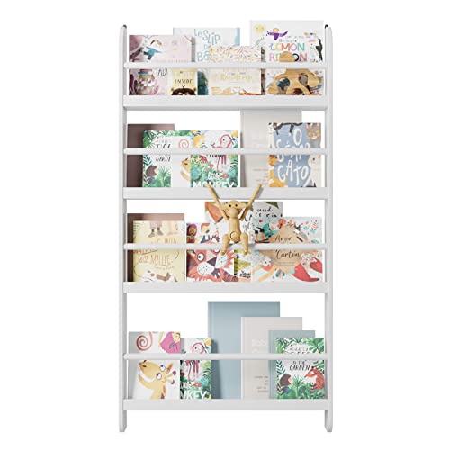 FOTOSOK Kids Bookshelf, Wall Mount 4-Tier Book Shelf Organizer for Toys and Books, Toy Storage Bookshelf in Bedroom, Living Room and Nursery, White