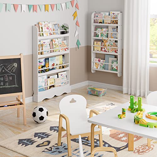 FOTOSOK Kids Bookshelf, Wall Mount 4-Tier Book Shelf Organizer for Toys and Books, Toy Storage Bookshelf in Bedroom, Living Room and Nursery, White