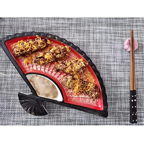 SHIRLEYY1P 12" Sushi Plate Premium Ceramic Sushi Plates Fan Shape Sushi Plate Set with Unibody Sauce Bowl Sashimi Japanese Plate, Dumpling Dish Snack Serving Plate for Home, Party, Eateries, Red.