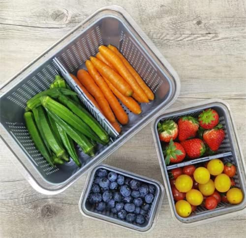 3-pack Vegetable and Fruit Storage Containers for Fridge Organizer Produce Saver Containers for Refrigerator Lettuce Berry Salad Cabbage Keeper BPA-Free Kitchen Organization with Lids and Air Vents (Grey)