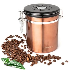 mixpresso bronze stainless steel airtight coffee container with date tracking for all types of coffee, vacuum sealed airtight container, coffee jar 16 ounces, coffee grounds container, coffee tin