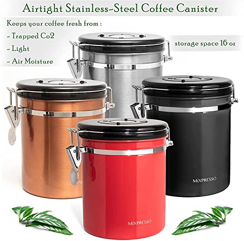 Mixpresso Bronze Stainless Steel Airtight Coffee Container with Date Tracking For All Types Of Coffee, Vacuum Sealed Airtight Container, Coffee Jar 16 Ounces, Coffee Grounds Container, Coffee Tin