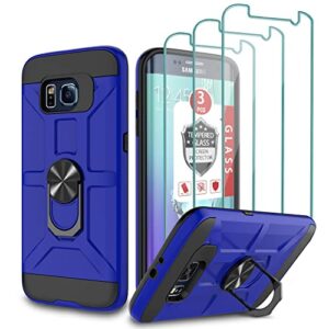 galaxy s6 case, galaxy s6 case with [3x tempered glass screen protector], built-in ring kickstand and magnetic car mount shockproof dropproof military grade armor rugged case for galaxy s6 -klein blue
