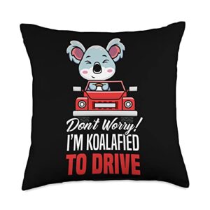 funny driver's license new drivers apparel & gifts don't worry i'm koalafied to drive funny new driver throw pillow, 18x18, multicolor