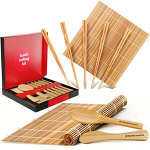 sushi making kit deluxe - includes 2 bamboo sushi rolling mats, rice spreader, rice paddle, 5 pairs chopsticks - 100% bamboo home sushi maker kit for beginners - great gift idea for chef - roller mat