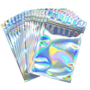 ambestar 50 pcs resealable smell proof bags, small holographic color resealable foil ziplock pouch for storage food, candy, chocolate, coffee beans, camping spices and more, small (4 x 6 inches)