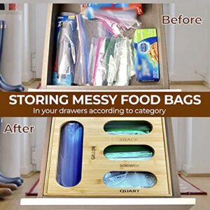 Ziplock Bag Storage Organizer for Kitchen Drawer, Bamboo Organizer, Compatible with Gallon, Quart, Sandwich and Snack Variety Size Bag (1 Box 4 Slots)