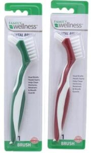 2-pack family wellness denture cleaning brush, dual bristle heads, with deep clean pick, assorted colors