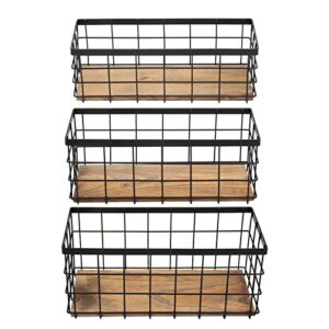 tieyipin farmhouse decor metal wire storage baskets, wood base containers organizing basket caddy bin for kitchen cabinets, bathroom, pantry, garage, laundry room, closets - small - black (set of 3)