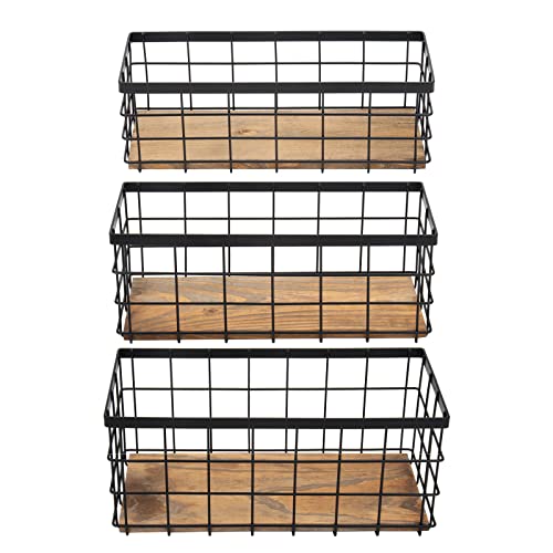 TIEYIPIN Farmhouse Decor Metal Wire Storage Baskets, Wood Base Containers Organizing Basket Caddy Bin for Kitchen Cabinets, Bathroom, Pantry, Garage, Laundry Room, Closets - Small - Black (Set of 3)