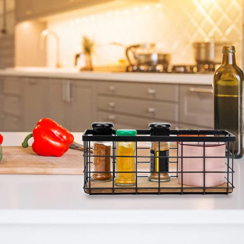 TIEYIPIN Farmhouse Decor Metal Wire Storage Baskets, Wood Base Containers Organizing Basket Caddy Bin for Kitchen Cabinets, Bathroom, Pantry, Garage, Laundry Room, Closets - Small - Black (Set of 3)