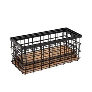 TIEYIPIN Farmhouse Decor Metal Wire Storage Baskets, Wood Base Containers Organizing Basket Caddy Bin for Kitchen Cabinets, Bathroom, Pantry, Garage, Laundry Room, Closets - Small - Black (Set of 3)