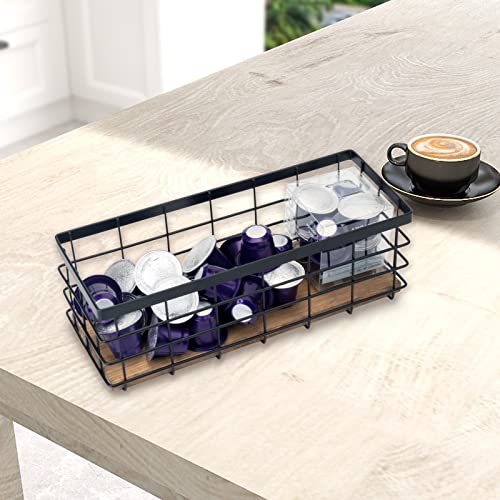 TIEYIPIN Farmhouse Decor Metal Wire Storage Baskets, Wood Base Containers Organizing Basket Caddy Bin for Kitchen Cabinets, Bathroom, Pantry, Garage, Laundry Room, Closets - Small - Black (Set of 3)