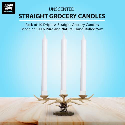 Axiom - (Pack of 10) Unscented Straight Household Grocery Candles -9.06 Inch Long-10 Hours Burning Time-Premium Wax Candles for Mothers Day, Dinner Tables, Restaurants, Ceremonies & Emergency (White)