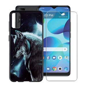 hgjtf phone case for tcl 30 t / t603dl (6.52") with 1 x tempered glass screen protector, black soft silicone anti-drop tpu bumper non-slip shell cover for tcl 30 t / t603dl - lone wolf