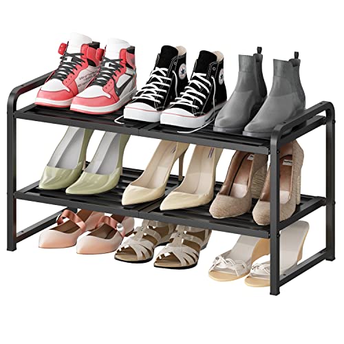 Simple Trending 2 Pack 2-Tier Stackable Shoe Rack, Shoe Shelf Storage Organizer, Black