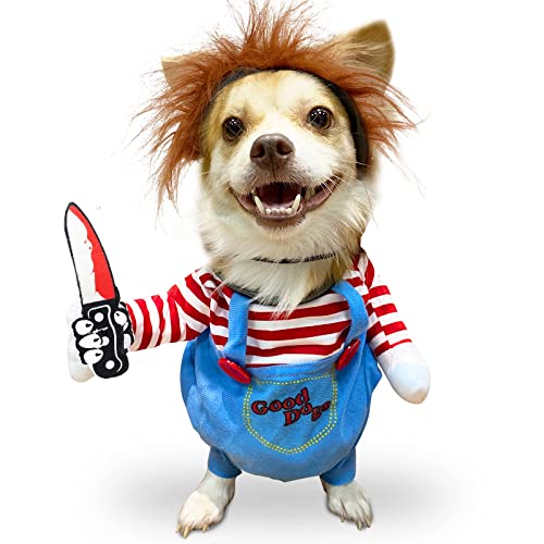 Camlinbo Halloween Costume for Pets Dogs Cats, Deadly Doll Wig Chucky Guitarist Funny Costume for Pets Puppy Small Medium Dogs Clothes Outfit Cosplay