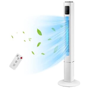 tangkula 48" tower fan with remote control, quiet bladeless household fan w/ 3 speeds, 3 modes, 15h timer & led display, 90° oscillating floor standing fan, portable circulating fan for home office (white)