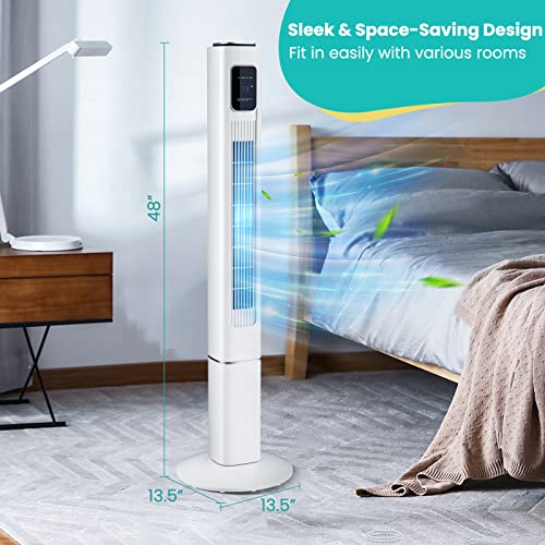 Tangkula 48" Tower Fan with Remote Control, Quiet Bladeless Household Fan w/ 3 Speeds, 3 Modes, 15H Timer & LED Display, 90° Oscillating Floor Standing Fan, Portable Circulating Fan for Home Office (White)