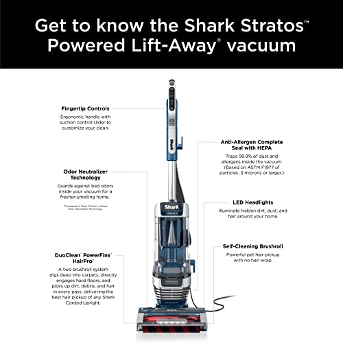 Shark AZ3002 Stratos Upright Vacuum with DuoClean PowerFins, HairPro, Powered Lift-Away, Self-Cleaning Brushroll, & Odor Neutralizer Technology, Navy