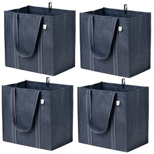 veno 4 pack reusable grocery shopping bag w/bottle holder, hard bottom, foldable, multipurpose heavy duty tote, daily utility bag, stands upright, sustainable (set of 4, navy blue)