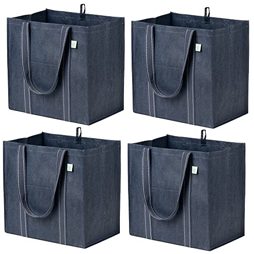 VENO 4 Pack Reusable Grocery Shopping Bag w/bottle holder, Hard bottom, Foldable, Multipurpose Heavy Duty Tote, Daily Utility bag, Stands Upright, Sustainable (Set of 4, Navy Blue)