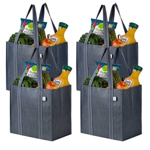 VENO 4 Pack Reusable Grocery Shopping Bag w/bottle holder, Hard bottom, Foldable, Multipurpose Heavy Duty Tote, Daily Utility bag, Stands Upright, Sustainable (Set of 4, Navy Blue)