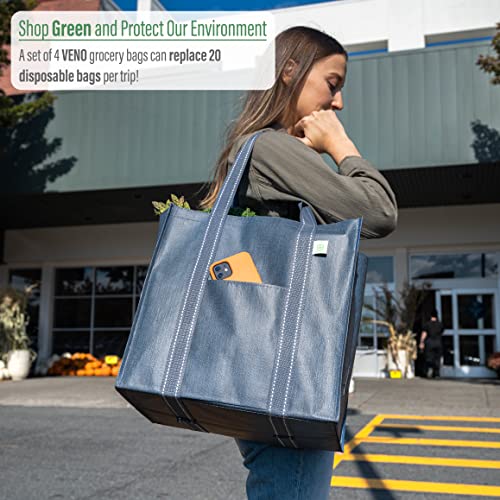 VENO 4 Pack Reusable Grocery Shopping Bag w/bottle holder, Hard bottom, Foldable, Multipurpose Heavy Duty Tote, Daily Utility bag, Stands Upright, Sustainable (Set of 4, Navy Blue)