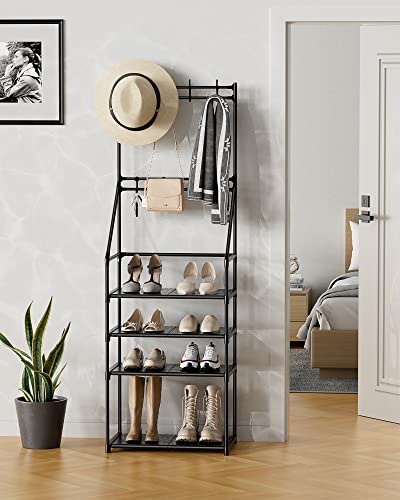 TIMEBAL Shoe Rack Coat Hat Rack, Stackable Shoe Storage Organizer, holds 8 Pair Shoes and Boots and hangs Coats & Hats, Durable Metal Pipes Shoe Shelf Organizer for Entryway, Hallway, Living Room