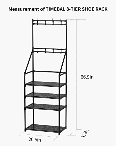 TIMEBAL Shoe Rack Coat Hat Rack, Stackable Shoe Storage Organizer, holds 8 Pair Shoes and Boots and hangs Coats & Hats, Durable Metal Pipes Shoe Shelf Organizer for Entryway, Hallway, Living Room