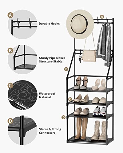 TIMEBAL Shoe Rack Coat Hat Rack, Stackable Shoe Storage Organizer, holds 8 Pair Shoes and Boots and hangs Coats & Hats, Durable Metal Pipes Shoe Shelf Organizer for Entryway, Hallway, Living Room