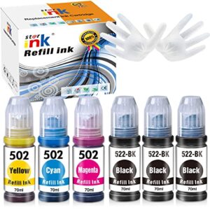 st@r ink compatible ink bottle replacement for epson 522 502 refill for ecotank et-2720 et-2800 et-4700 et-4800 et-2710 et-2803 printer(3bk, 1c, 1m, 1y), 6 packs